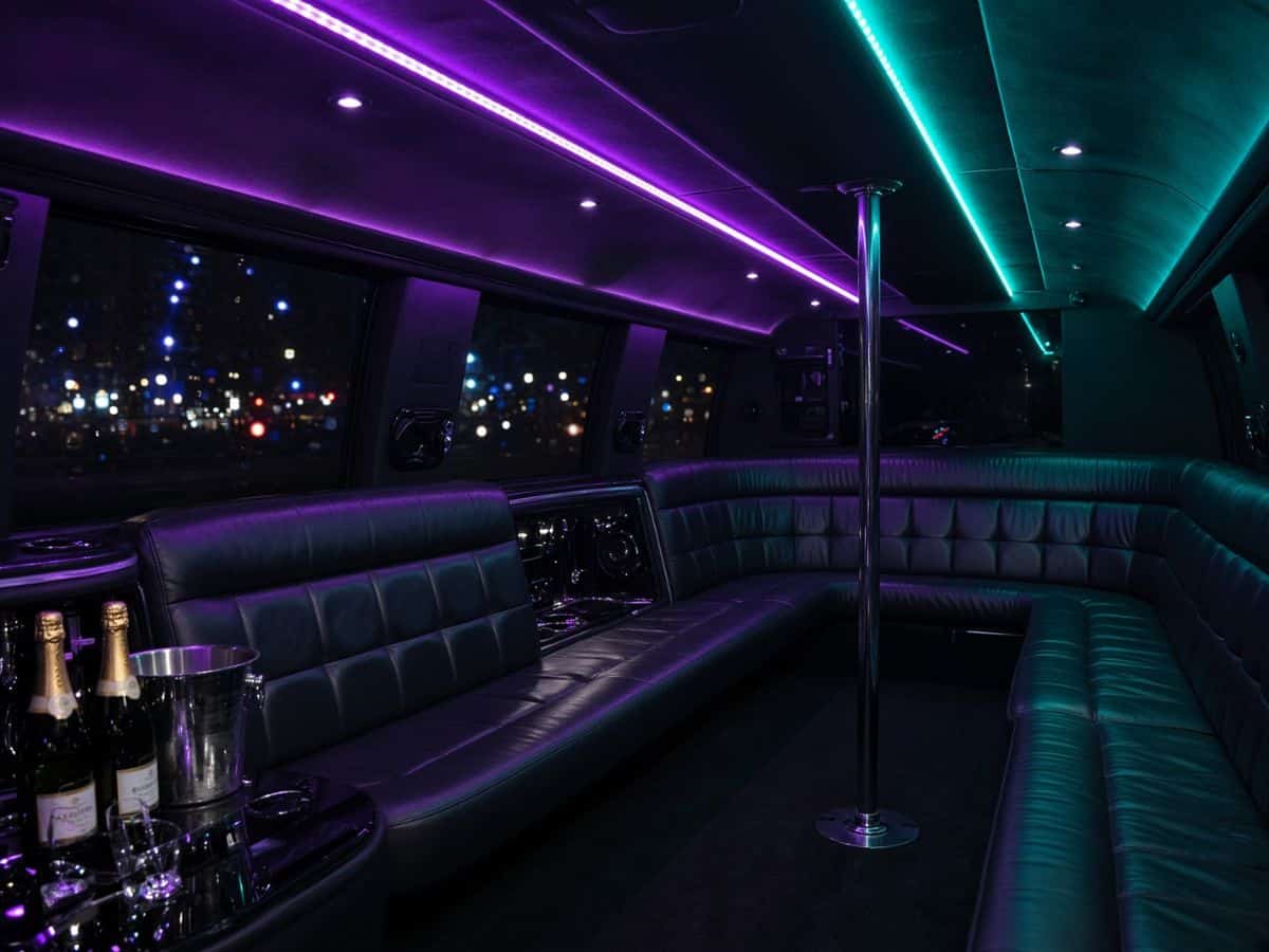 Interior of a luxury party bus with LED lighting and leather seating
