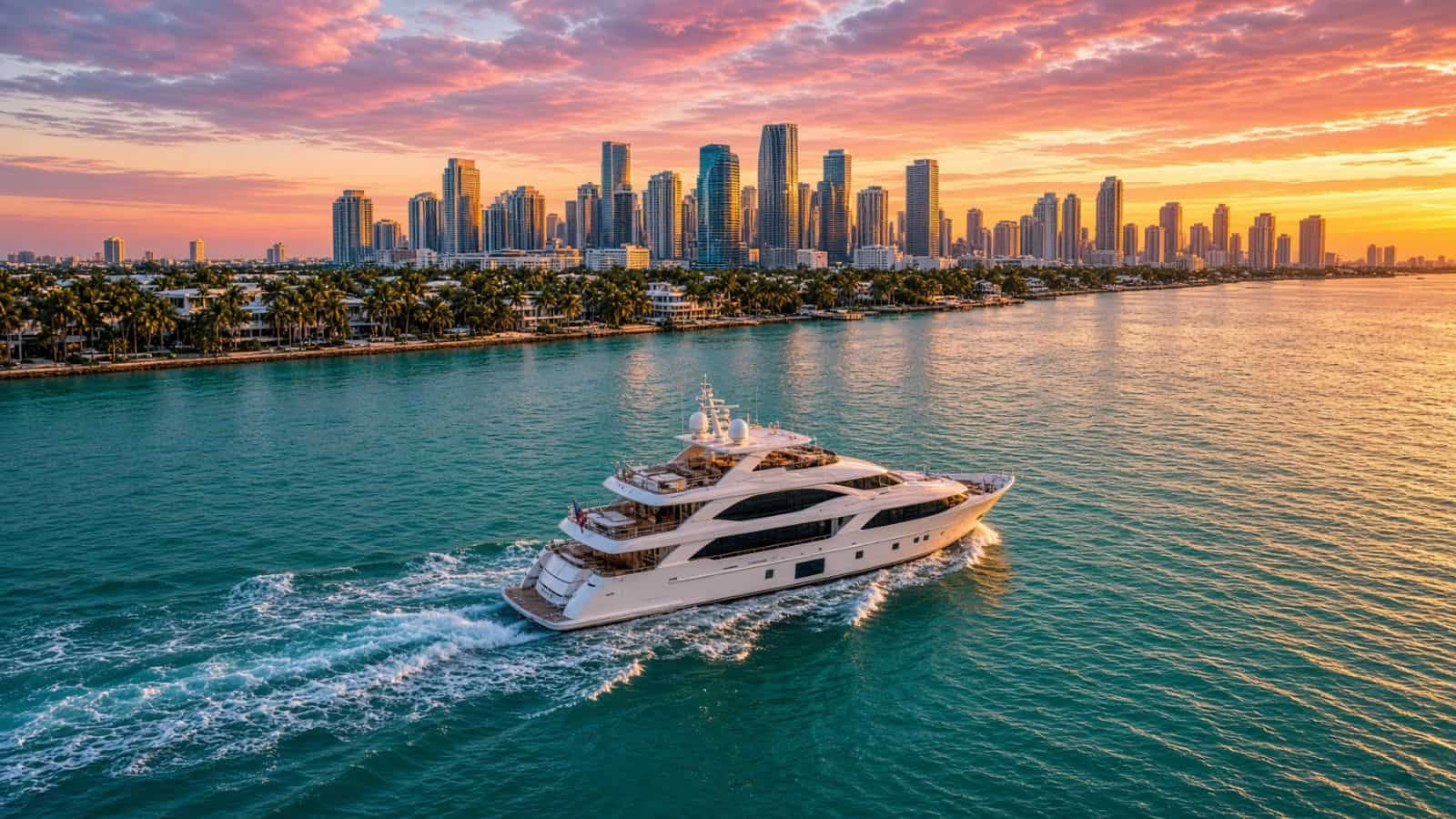 Luxury yacht cruising Biscayne Bay at sunset with the Miami skyline in the background