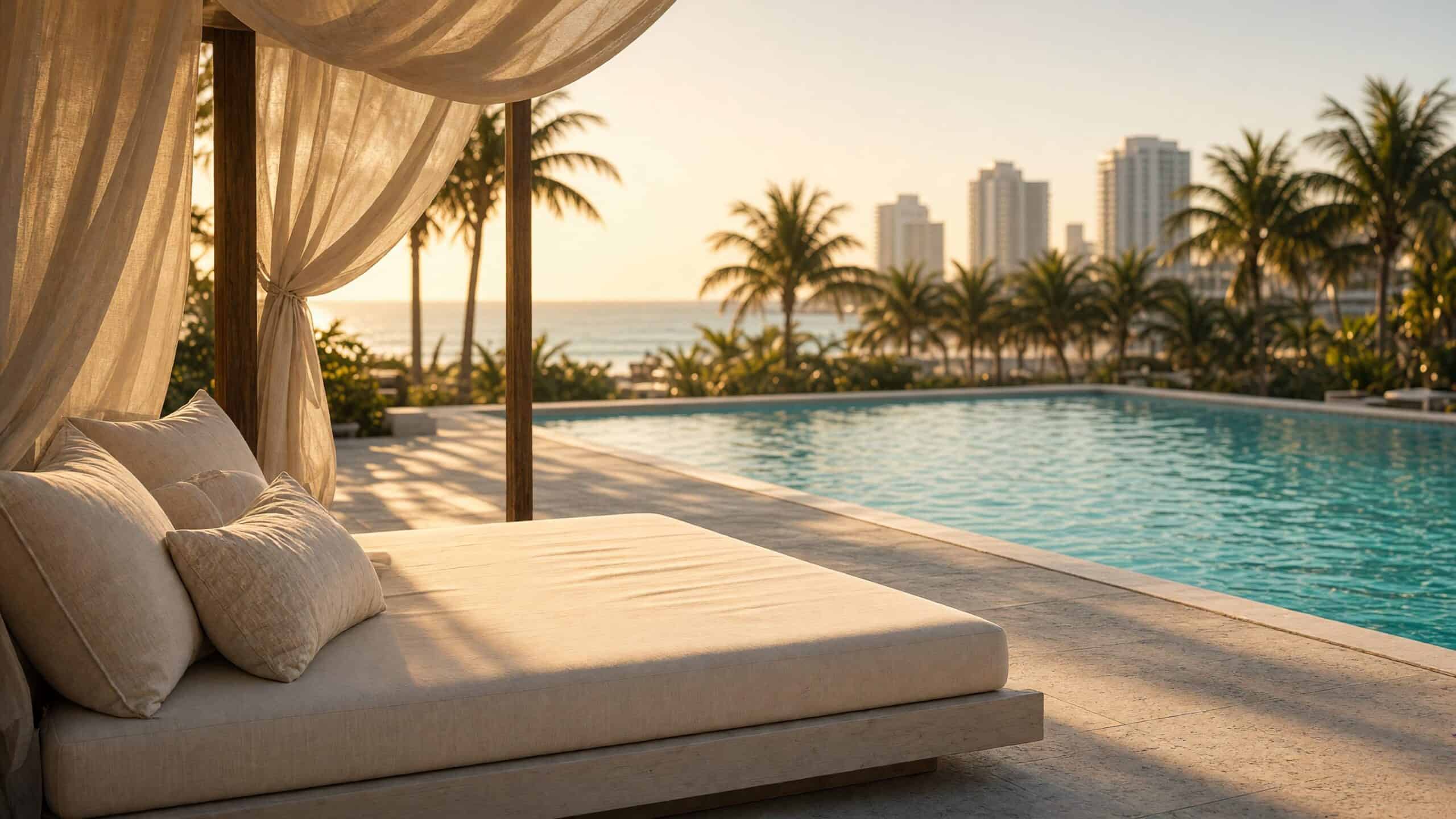 Empty Miami Beach cabana daybed beside a pool in late-day light