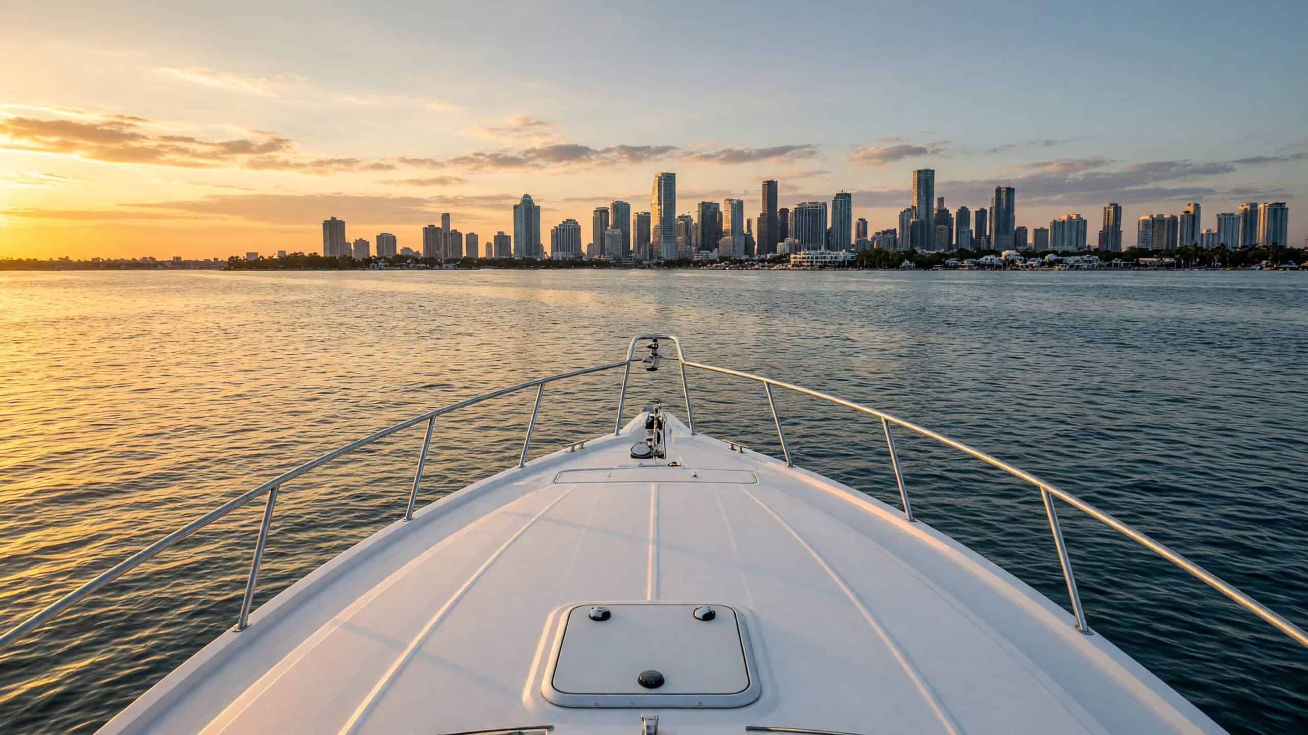 Empty bow of a charter boat on the bay with a skyline in the distance