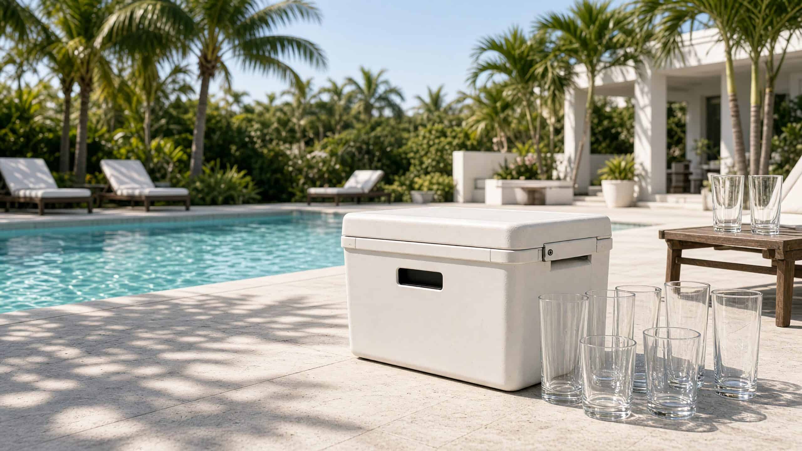 Empty patio cooler and glasses beside a pool in morning light