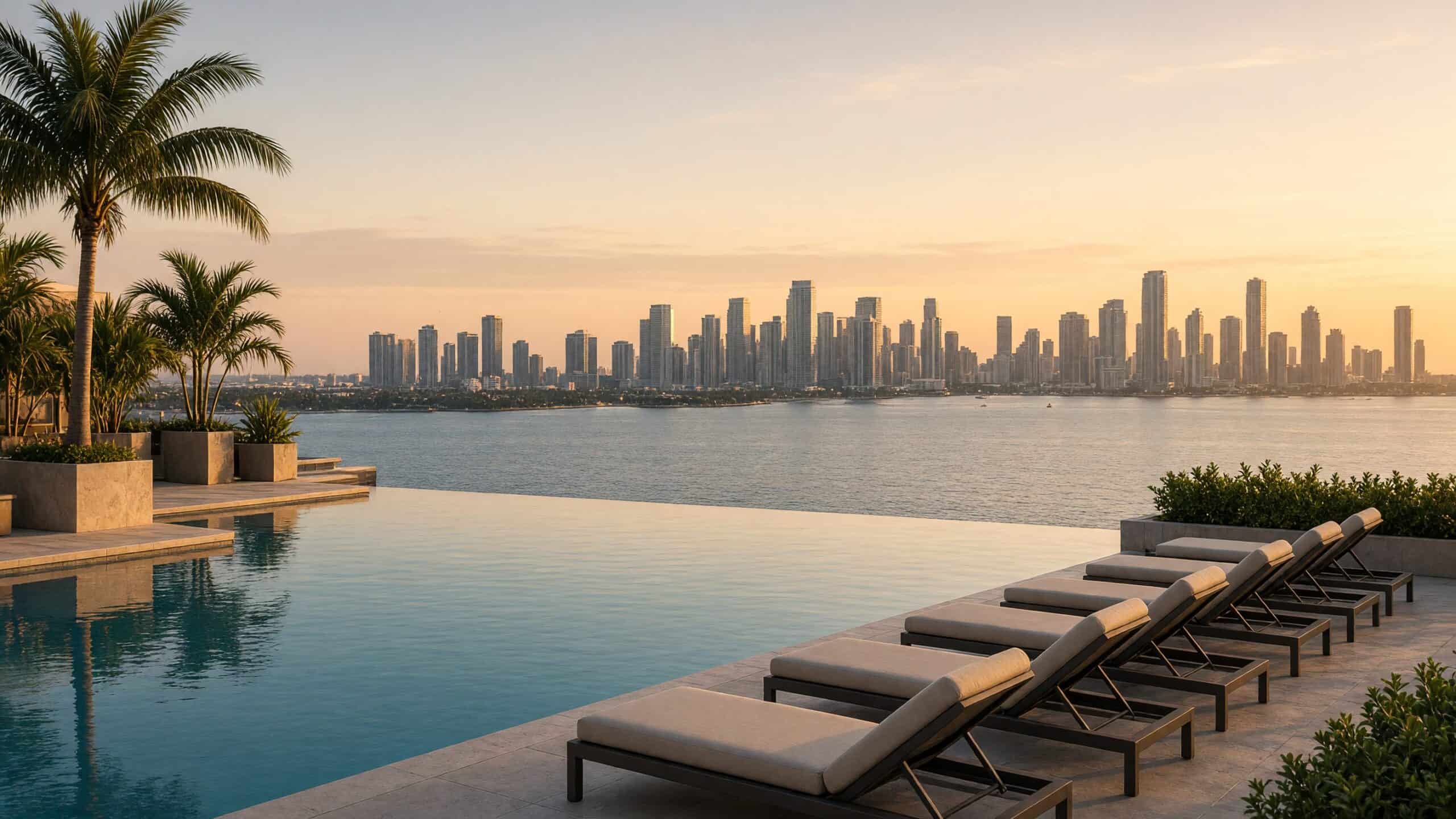 Empty rooftop infinity pool with lounge chairs facing a bay and skyline at sunset