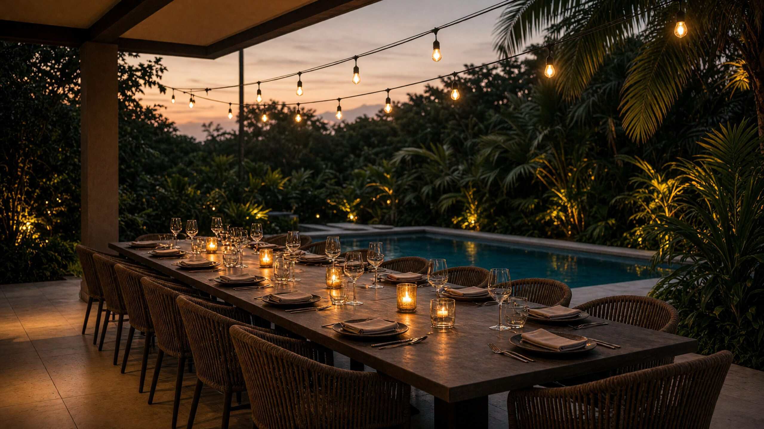 Long empty outdoor dining table set with candles and wine glasses beside a pool at twilight