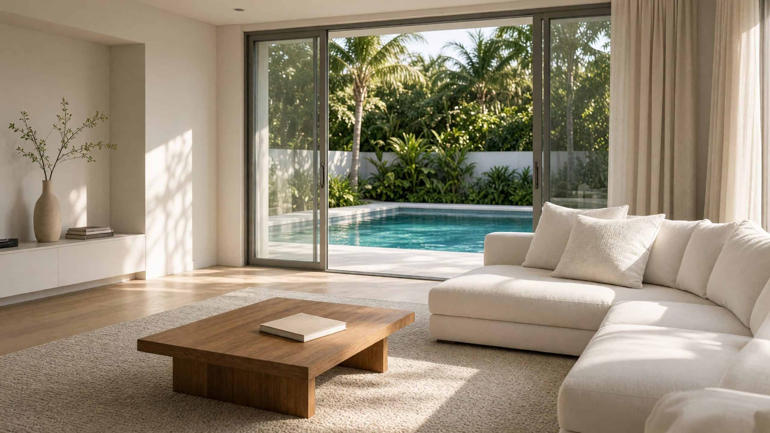 Empty living room with a white sofa and wood coffee table opening onto a backyard pool