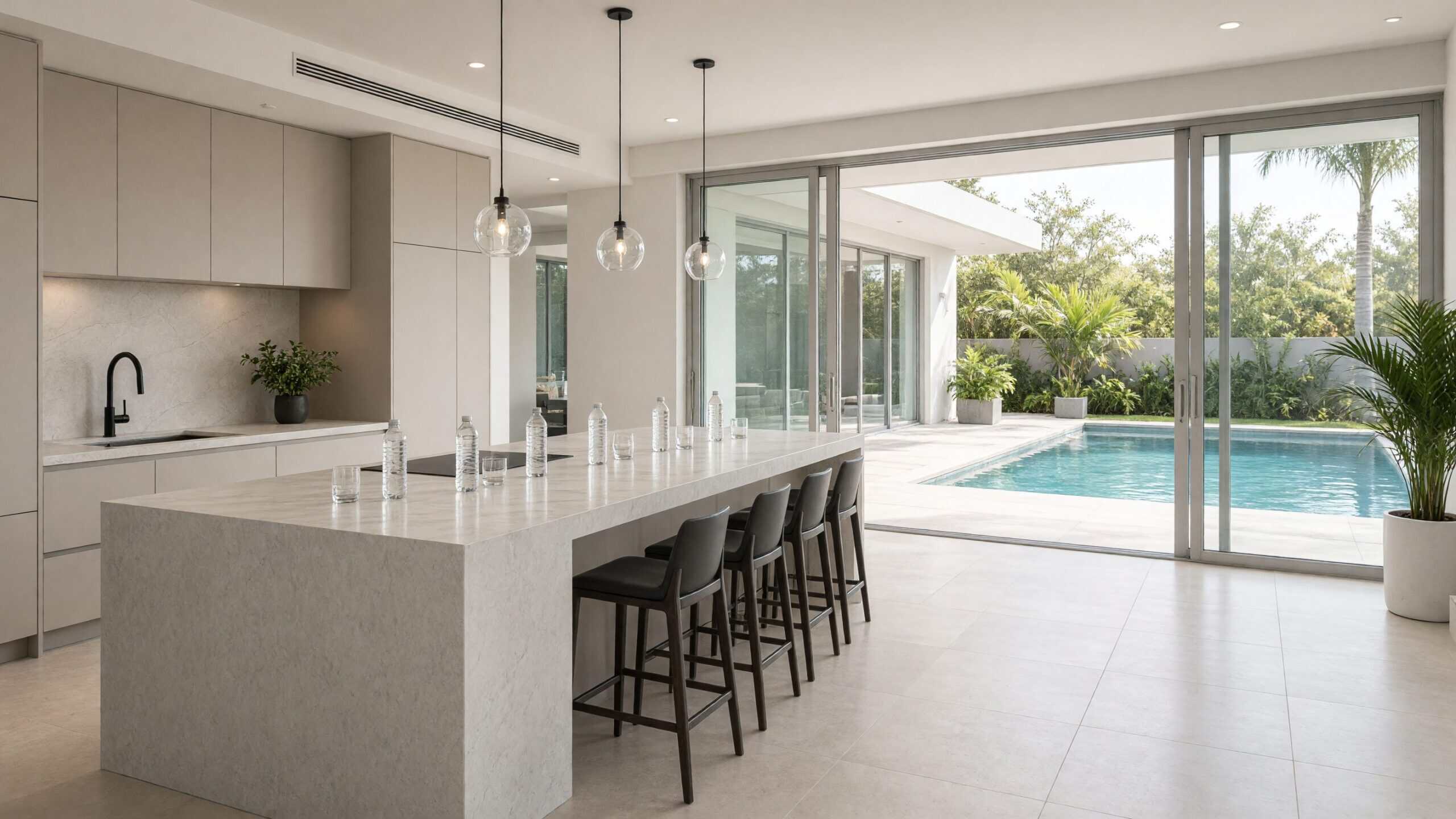 Empty Miami house kitchen with a long island and doors open to a pool