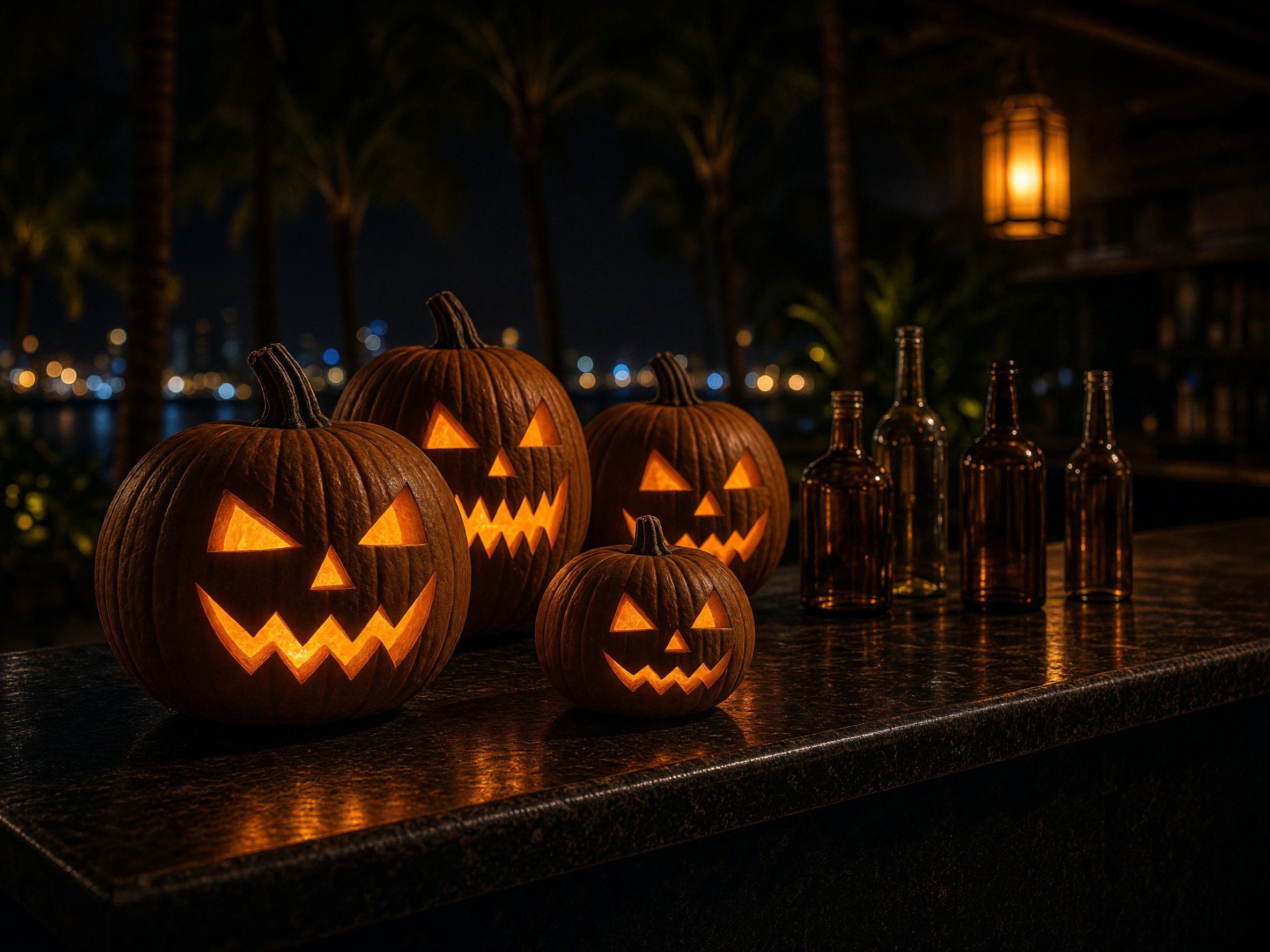 Jack-o'-lanterns on an empty bar top