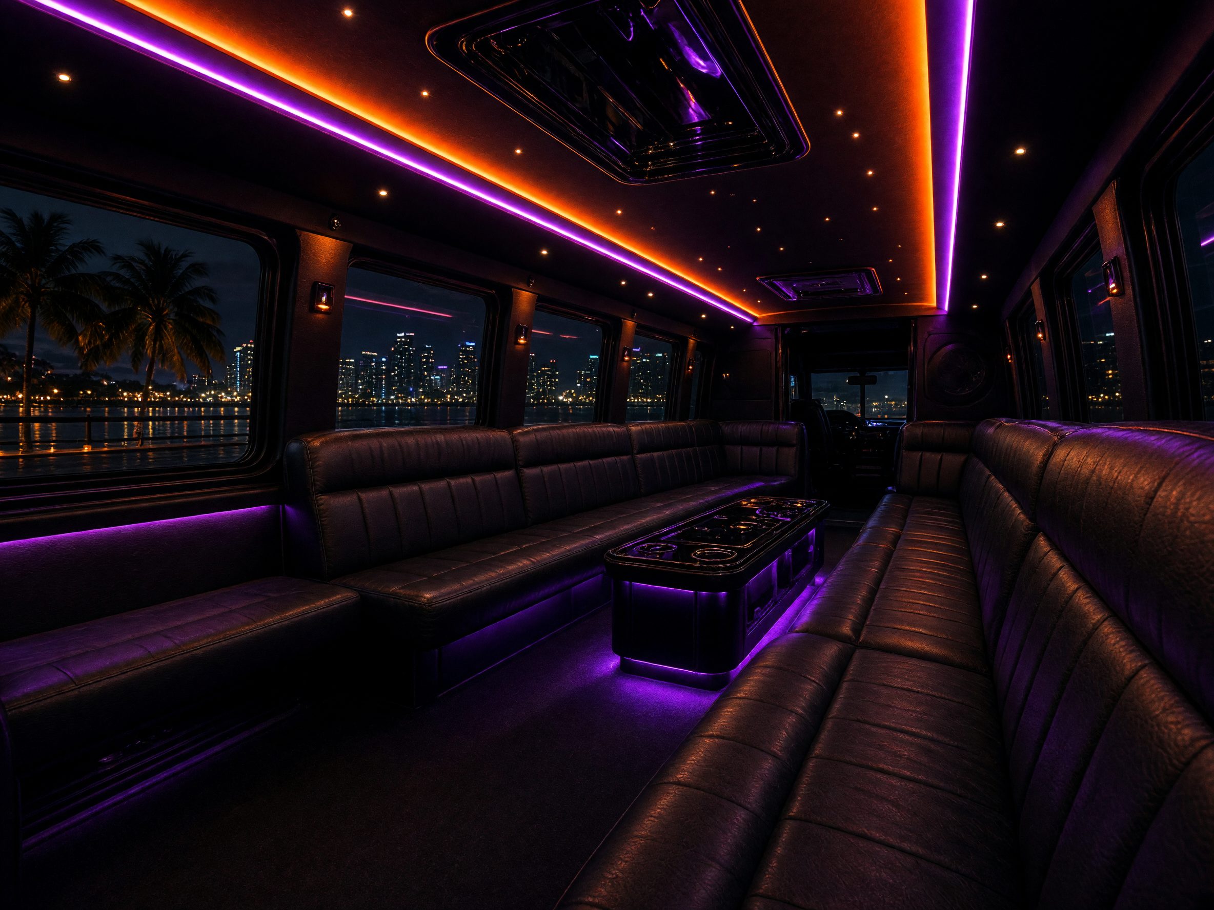 Empty party bus interior with orange and purple LED lighting