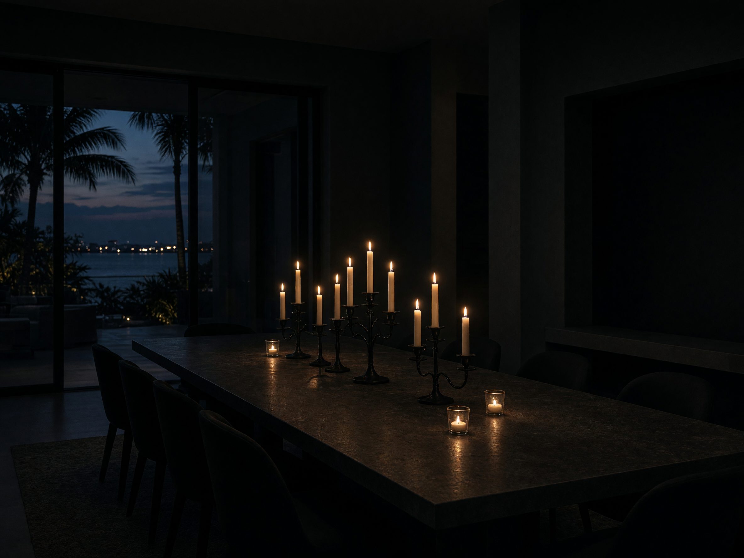 Empty long dining table with candles