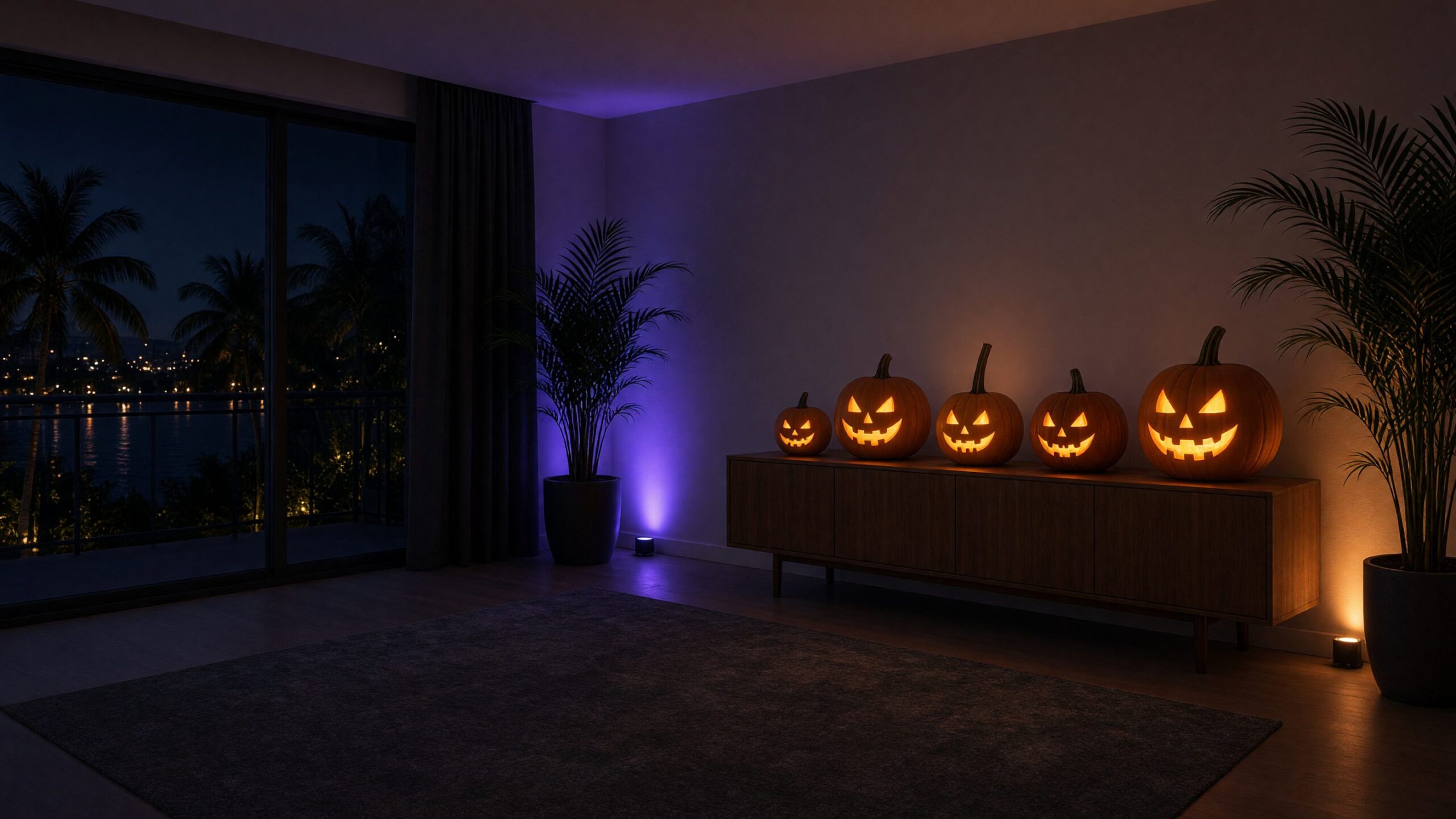 Empty living room with colored uplights at night