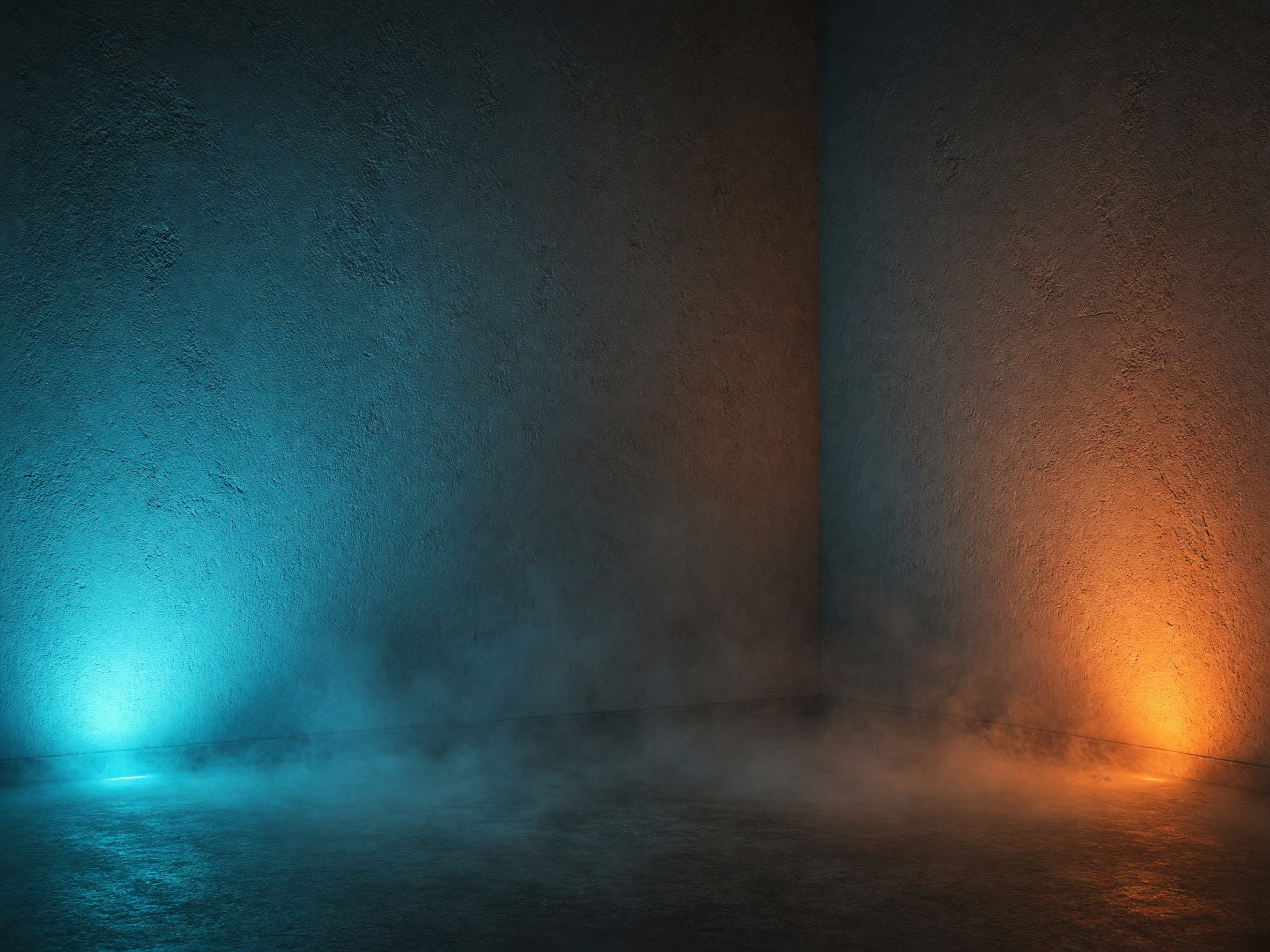 Empty room corner with fog and colored uplights