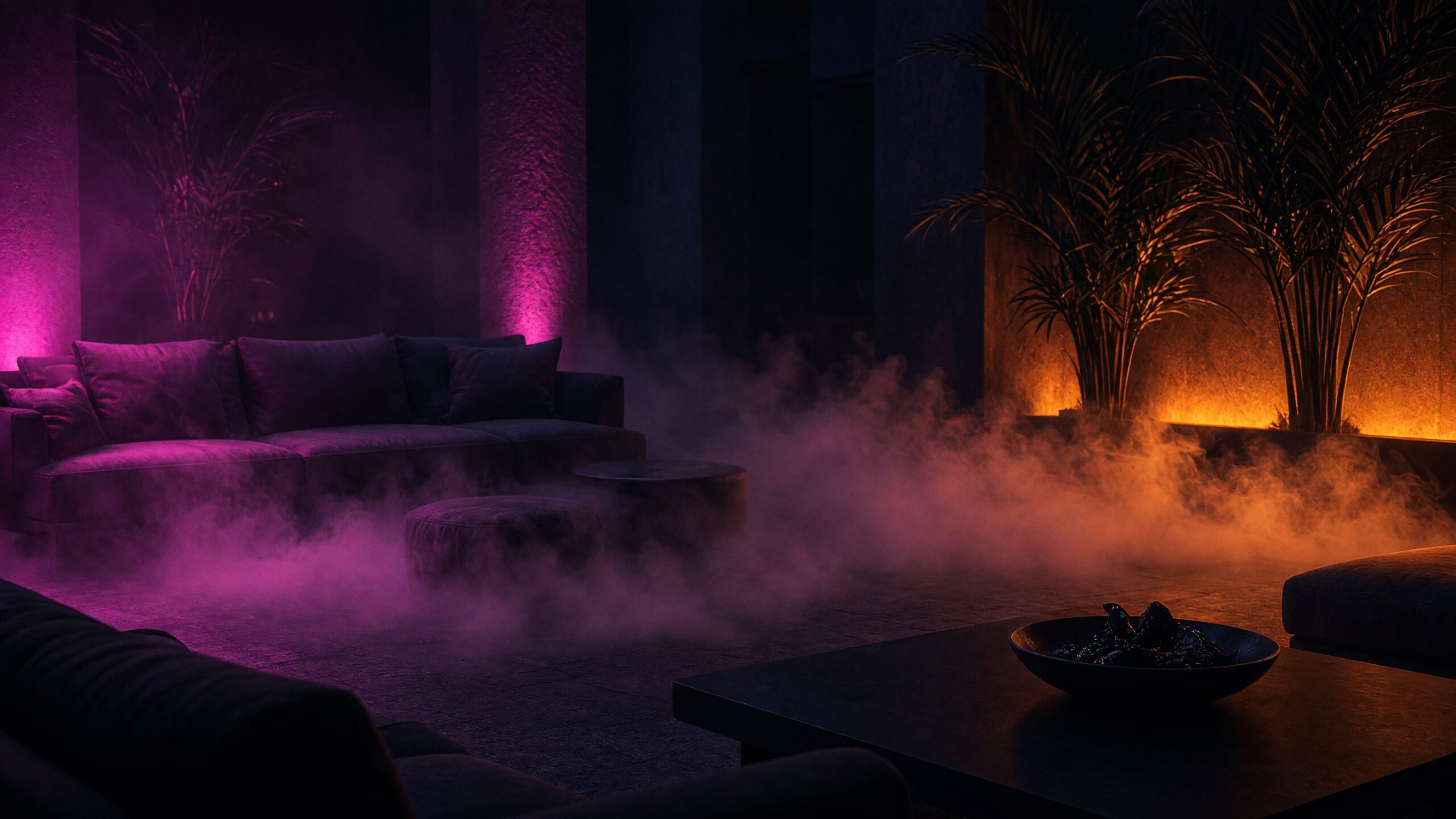 Empty lounge with fog and orange-magenta uplighting