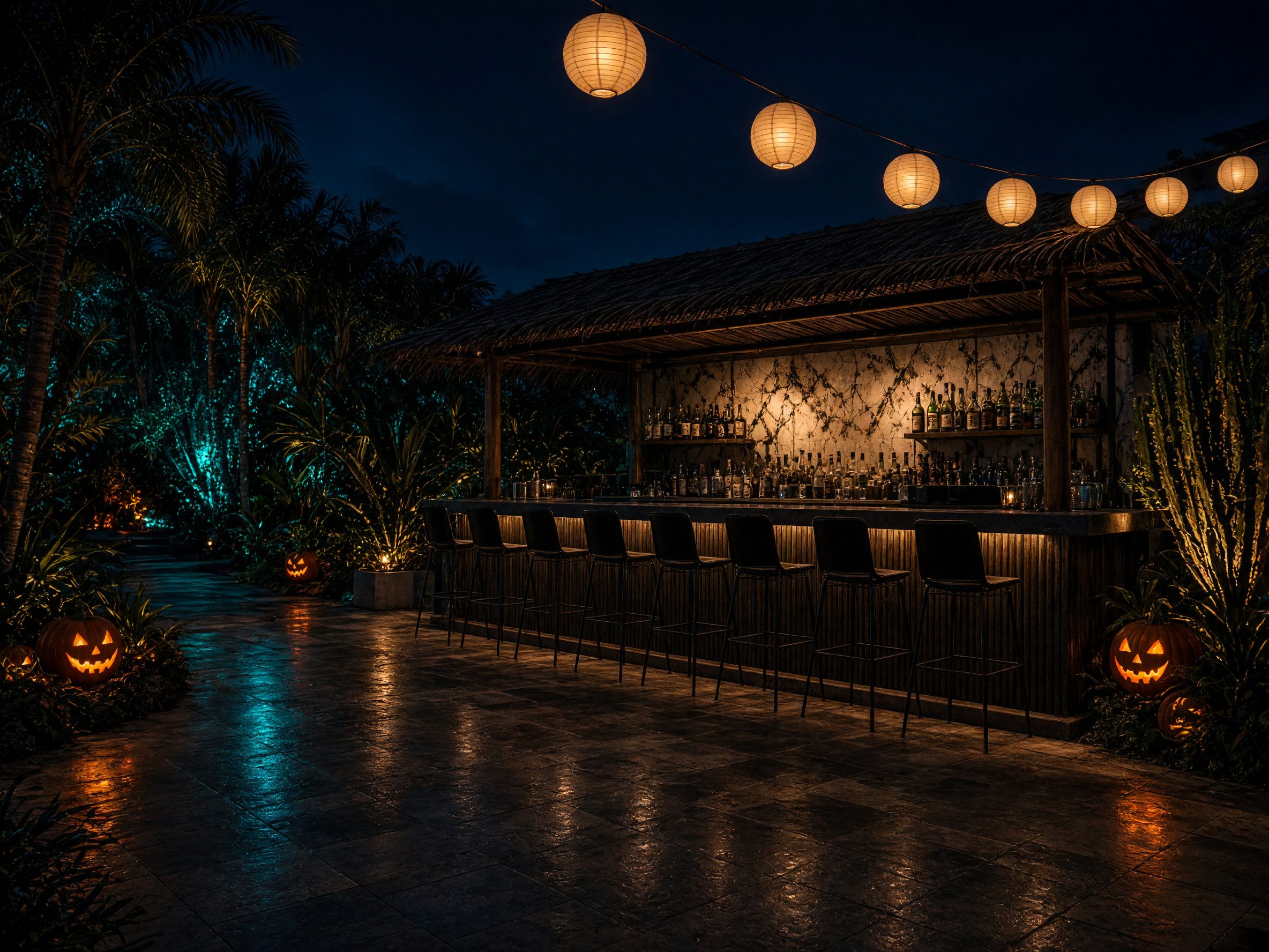 Empty outdoor bar with paper lanterns at night