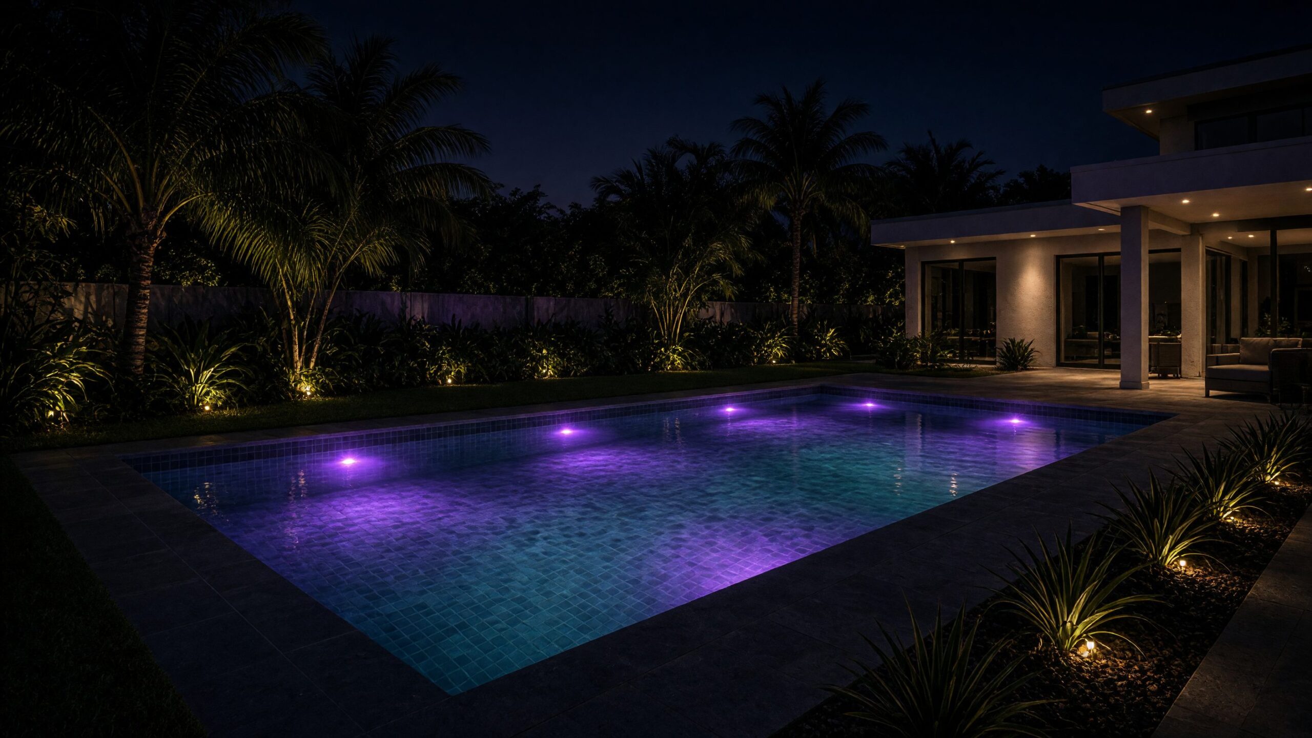 Empty backyard pool at night with purple light