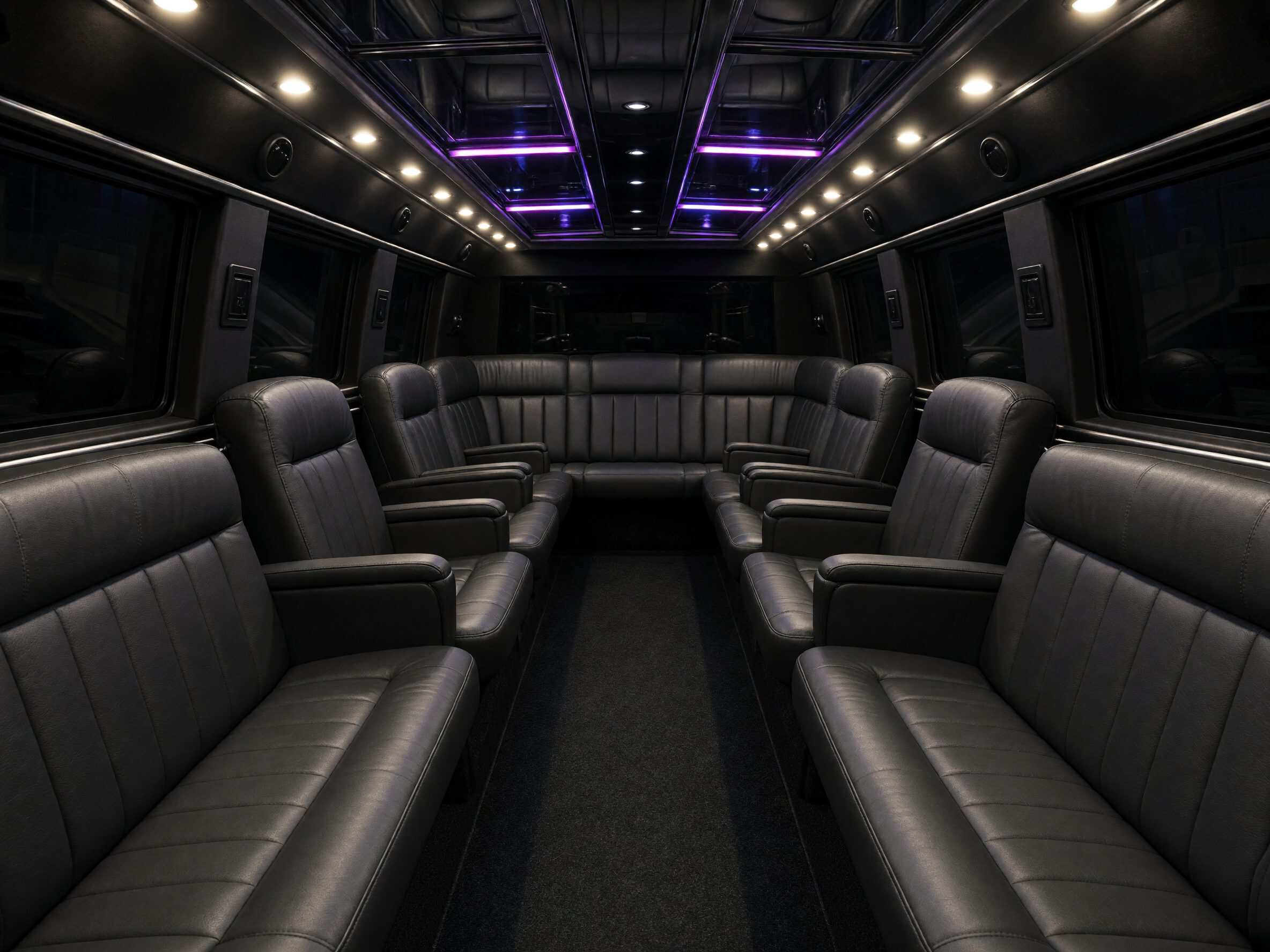 Empty party bus aisle with leather seats and ceiling lights