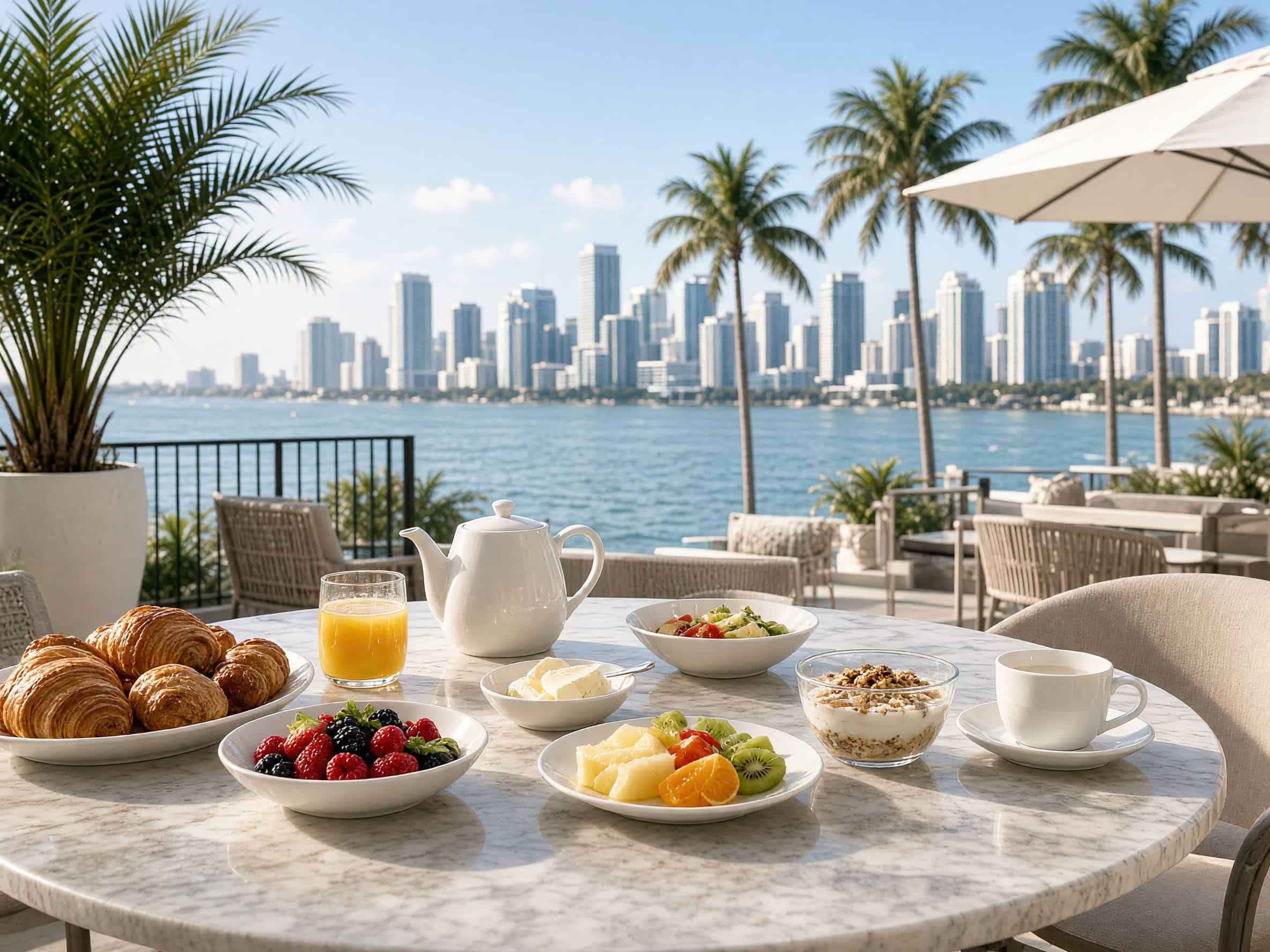 Empty breakfast table on a terrace in morning light