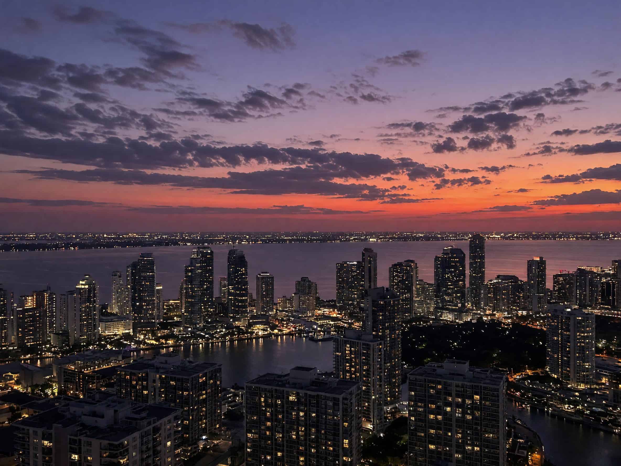 Miami skyline at dusk seen from a high window