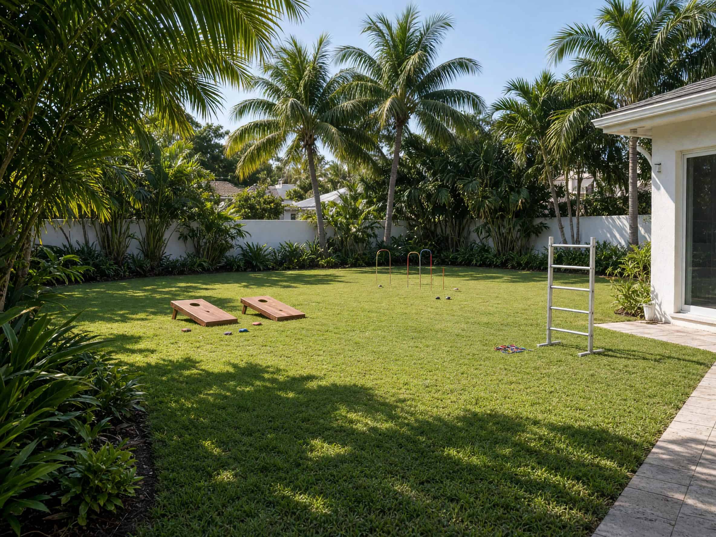 Empty backyard with lawn games set on the grass