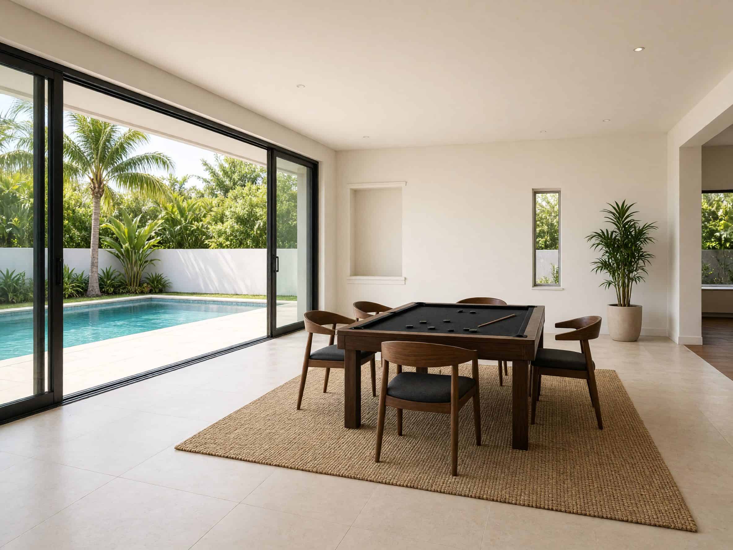 Empty living room with a game table and sliders open to a pool