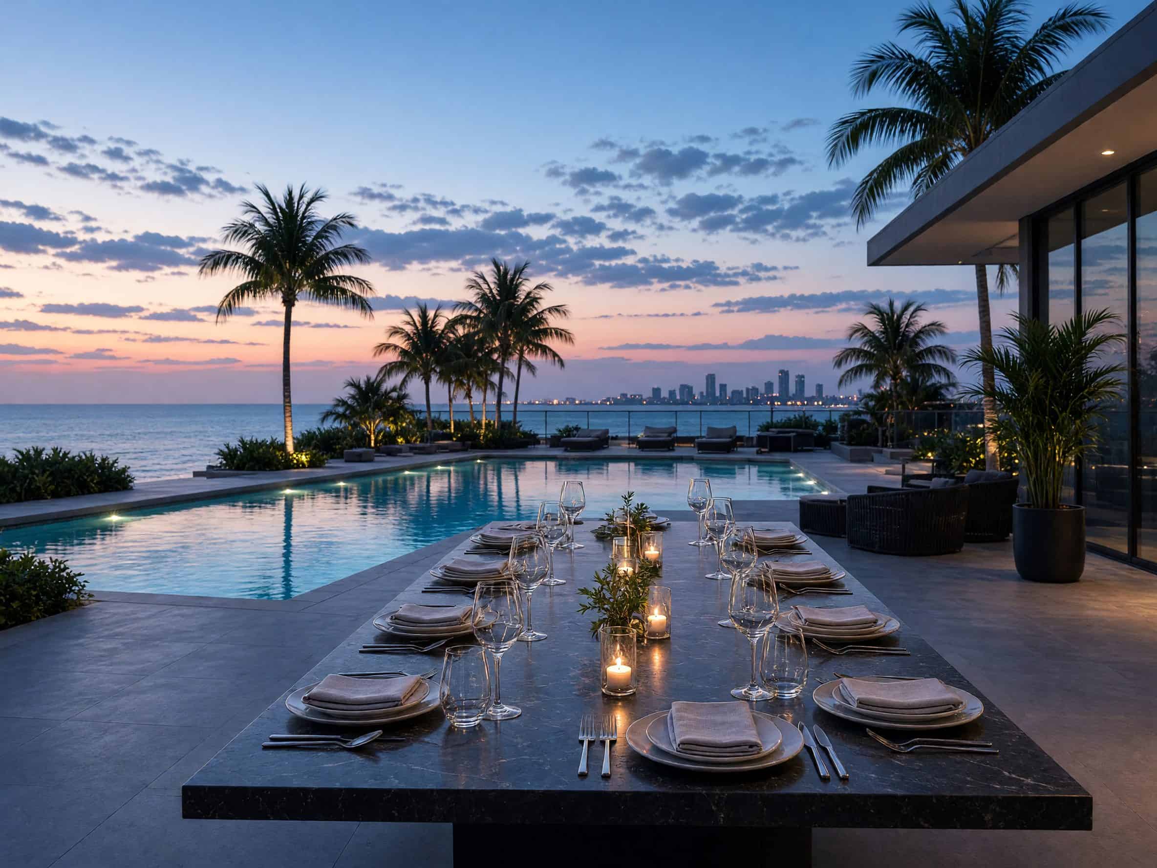 Empty long dining table on a terrace at twilight with a pool behind it