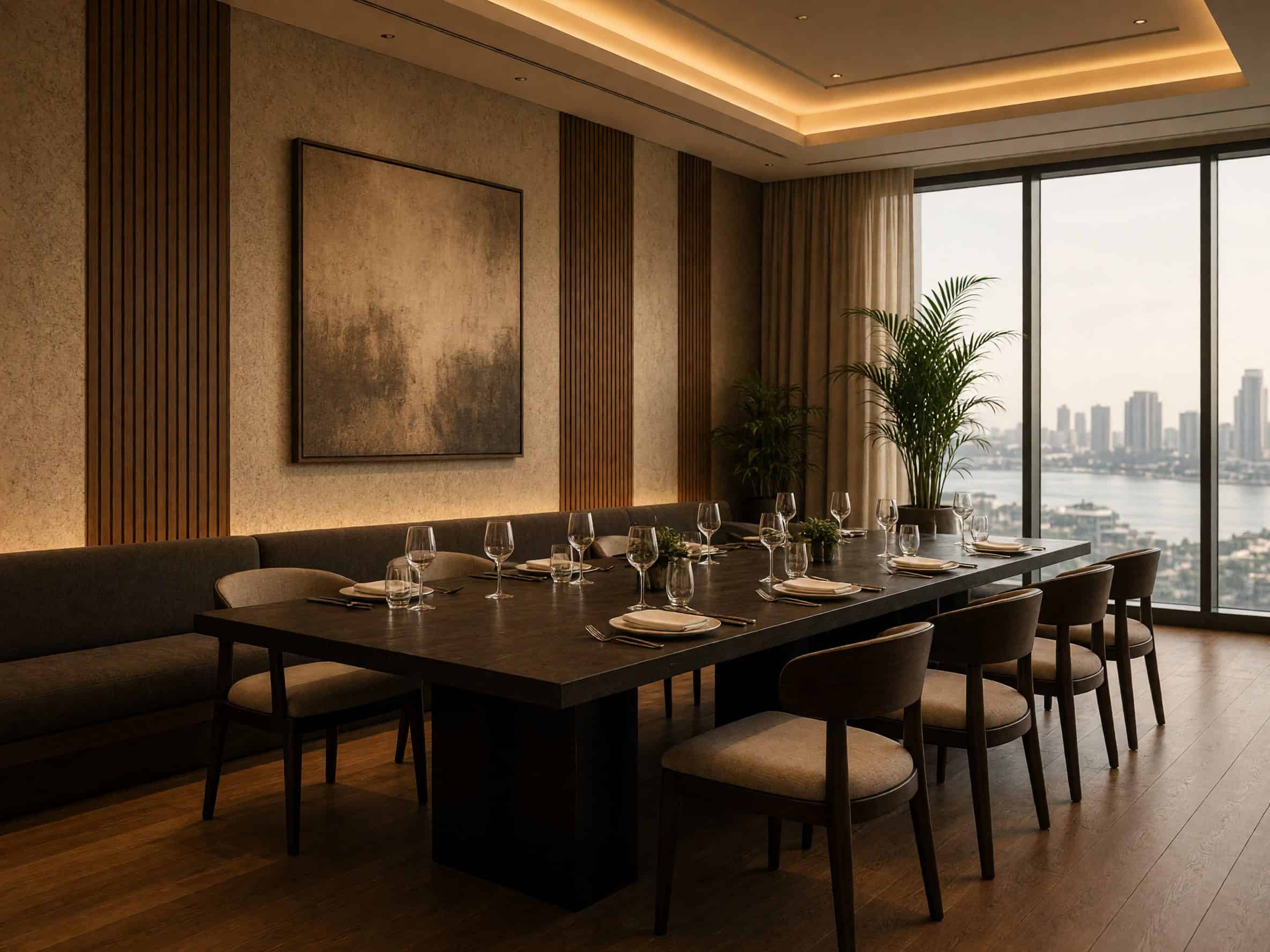 Empty private dining room with a long table set for a group